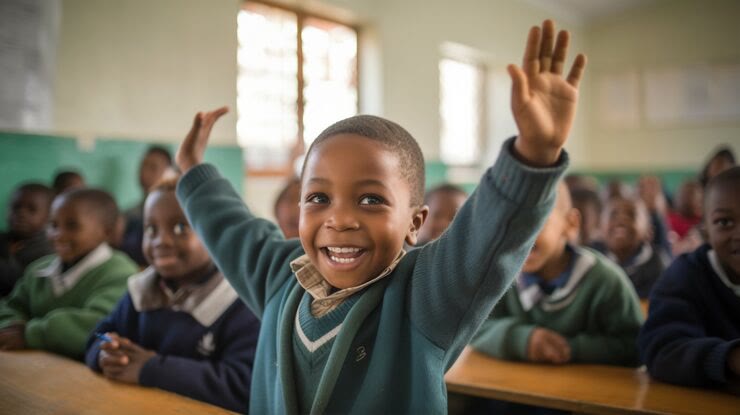 A pupil raising his hand to answer a question in a bright classroom